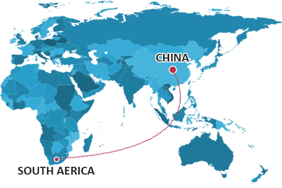 EXPÉDITION DE LA CHINE VERS L'AFRIQUE DU SUD filigranée