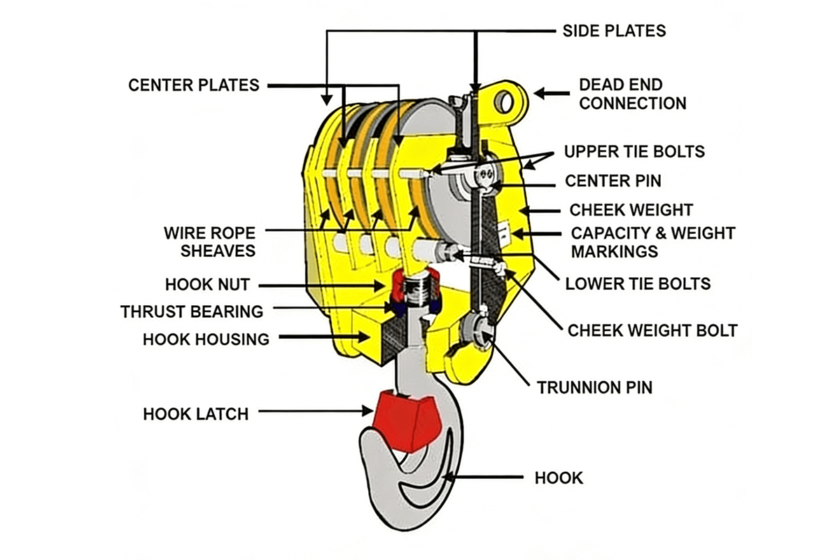Naka-watermark ang Istruktura ng Single Crane Hook Block at Pangunahing Bahagi